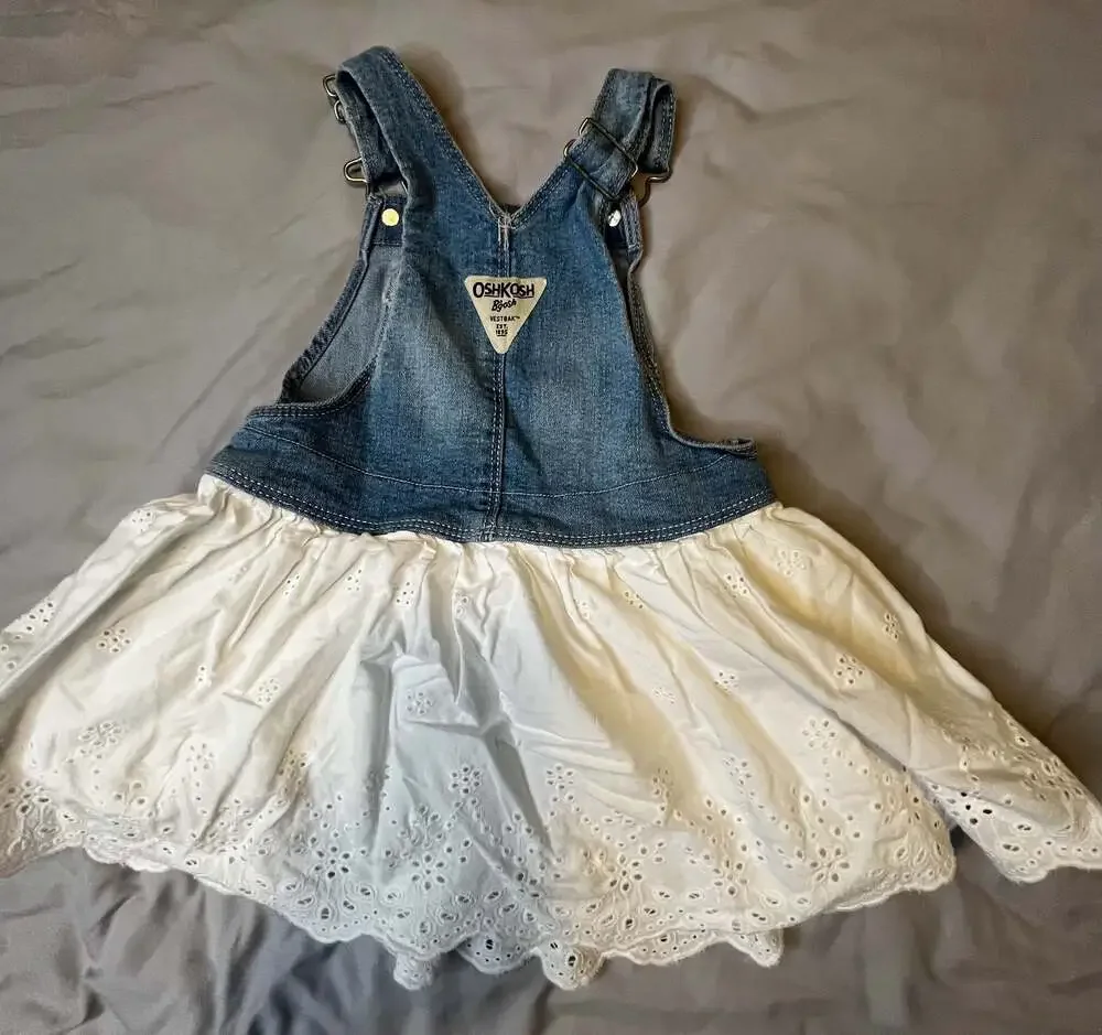 OshKosh B'Gosh White Eyelet and Denim Jean Jumper Overall Dress Size 12 Months